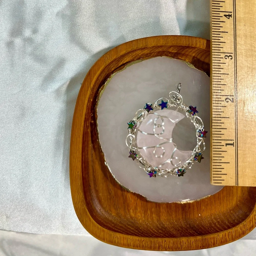 Fashion Rose Quartz Moon & Stars Pendant B - Picture 3 of 5
